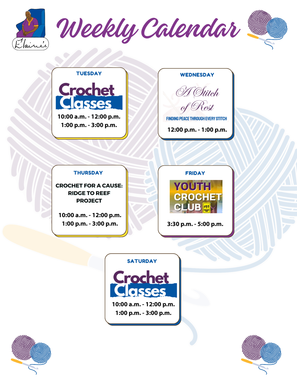Elaine's Creative Studio Weekly Calendar - Elaines Caribbean Crochet